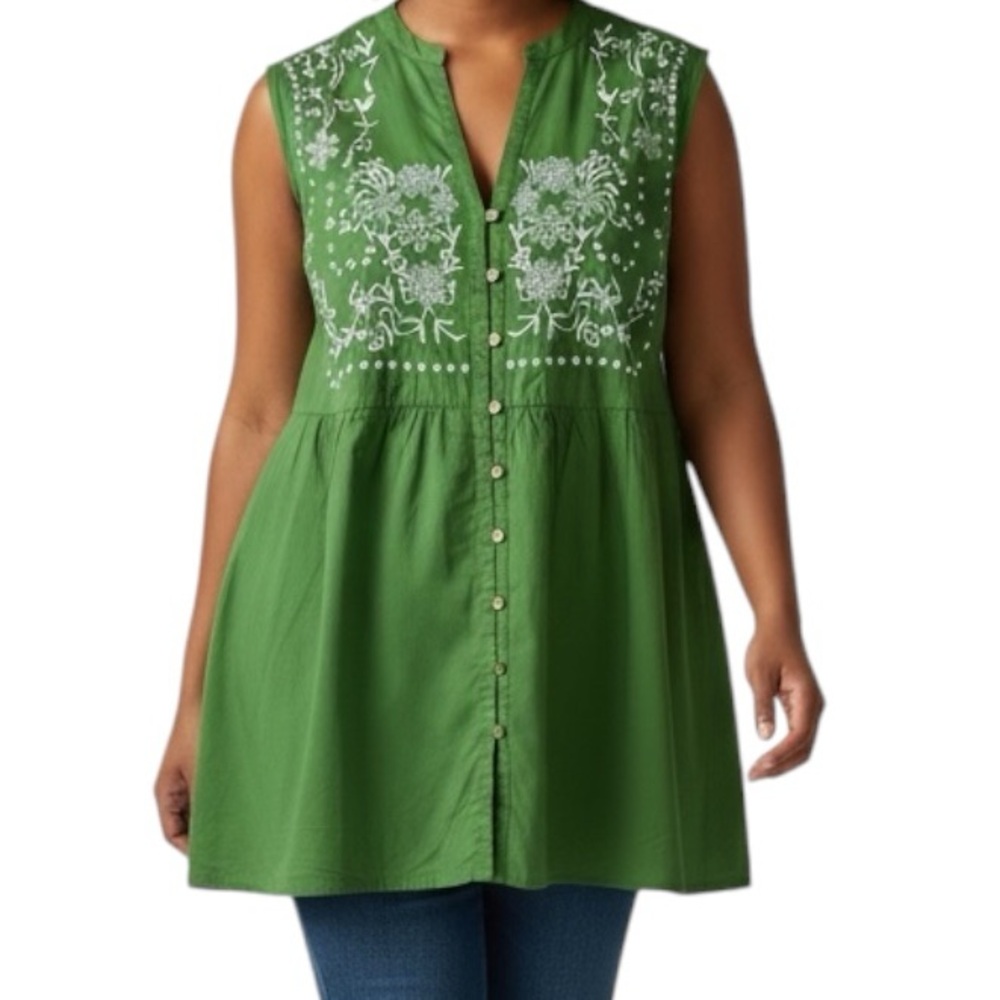 Kim Rogers Lime Green Prairie Babydoll  Embroidered Floral Blouse/Tunic NWT 1X